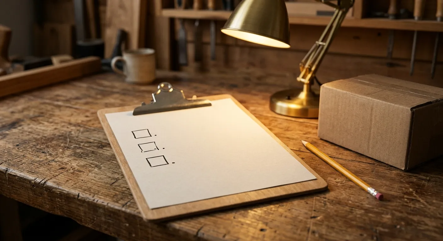 A clipboard holding a blank checklist with three empty checkboxes on a wooden workbench, next to a pencil, a small cardboard shipping box and a brass desk lamp