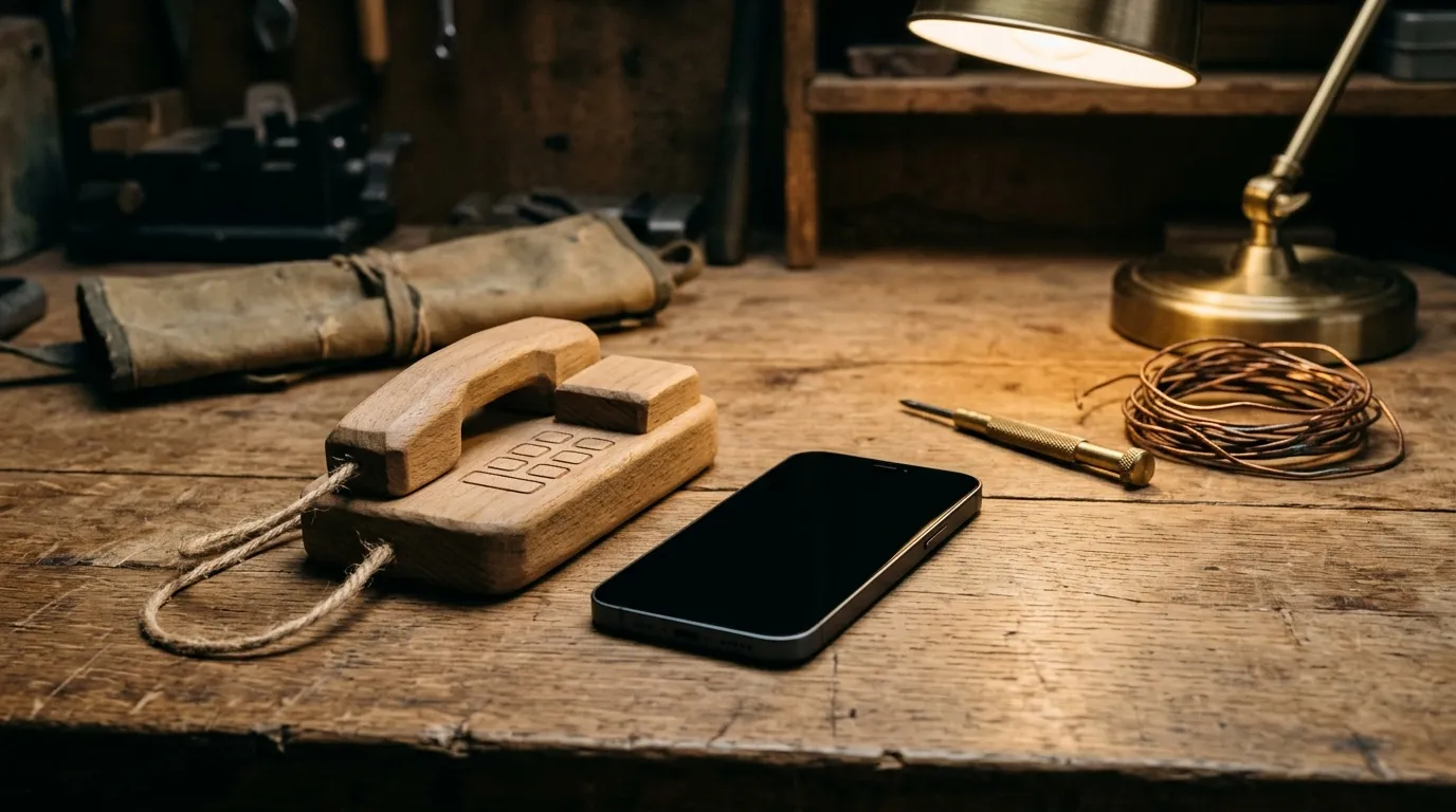 A carved wooden toy telephone beside a real smartphone with a dark blank screen on a worn workbench, with a small screwdriver, a coil of copper wire and a brass desk lamp